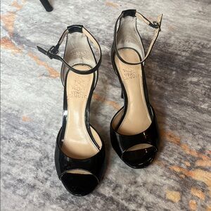 Vince Camuto Glossy Black Peep-Toe Heels